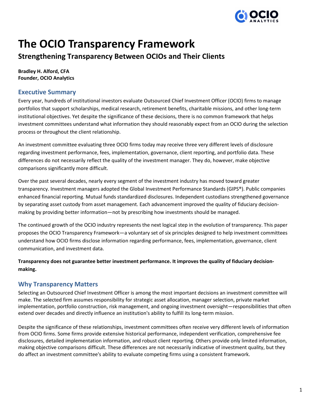 The OCIO Transparency Framework report cover
