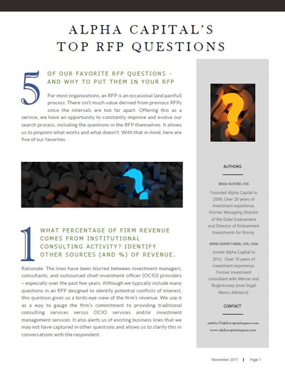 Thumbnail of Alpha Capital Management's 2017 report on our Top 5 Questions for Consultant Search RFPs and OCIO Search RFPs
