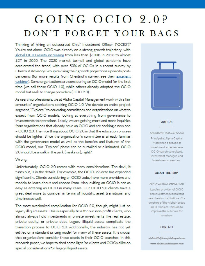 Thumbnail of Alpha Capital Management's new OCIO report, "Going OCIO 2.0? Don't Forget Your Bags"