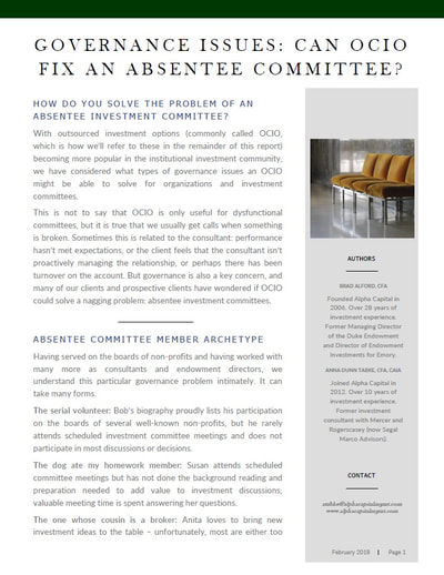 Thumbnail of Alpha Capital Management's 2018 report on a key governance issue for investment committees and boards - absentee committee members